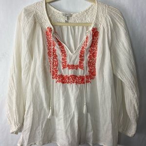 Joie Cream Peasant Blouse with Coral Embroidery